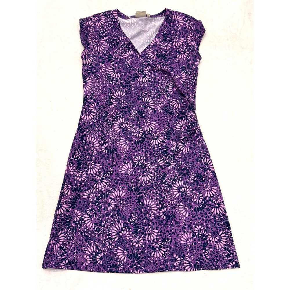 Athleta‎ Purple Floral Faux Wrap Dress Petite Medium MP V-Neck Cap Sleeve 221588
